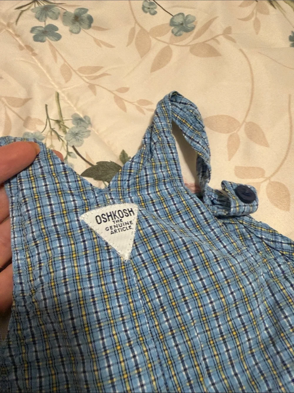 OshKosh B'gosh Blue dungarees cotton Plaid Overalls with Yellow Patch size 12M